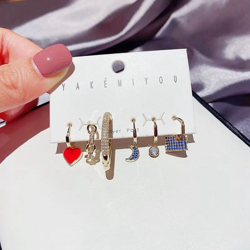 Korean earring set with Zircon Earrings and red heart blue diamond moon lock Earrings