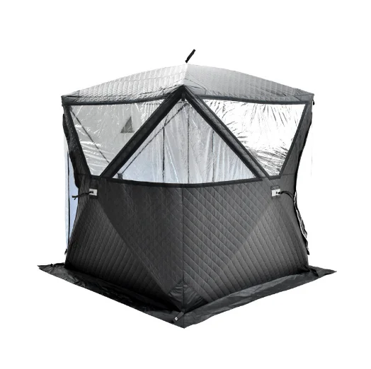 Outdoor multi person year-round sauna with thickened warmth, winter fishing tent, large window, chimney mouth