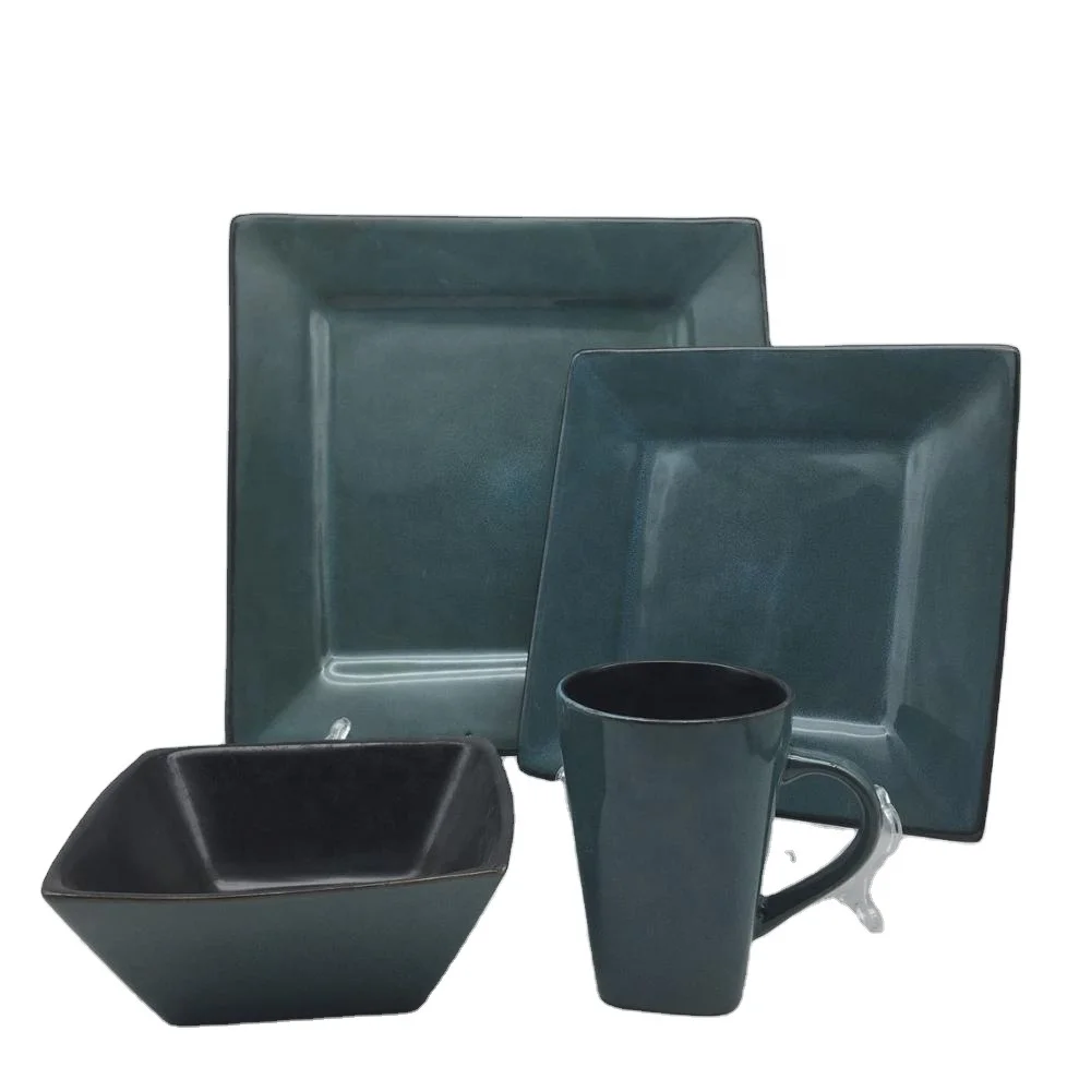 hot sale wholesale household cheap green square dinnerware set reactive glaze ceramic dinnerware sets stock