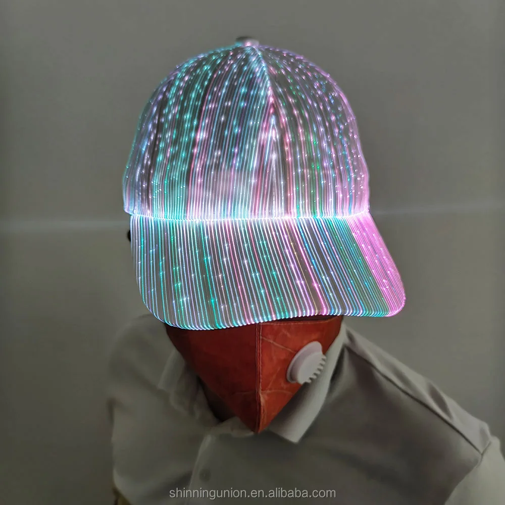 Rechargeable RGB LED Baseball Cap Hats with LED Light - Black Cap LED Custom Logo - Fiber Optic Luminous Sports Cap for Trucker