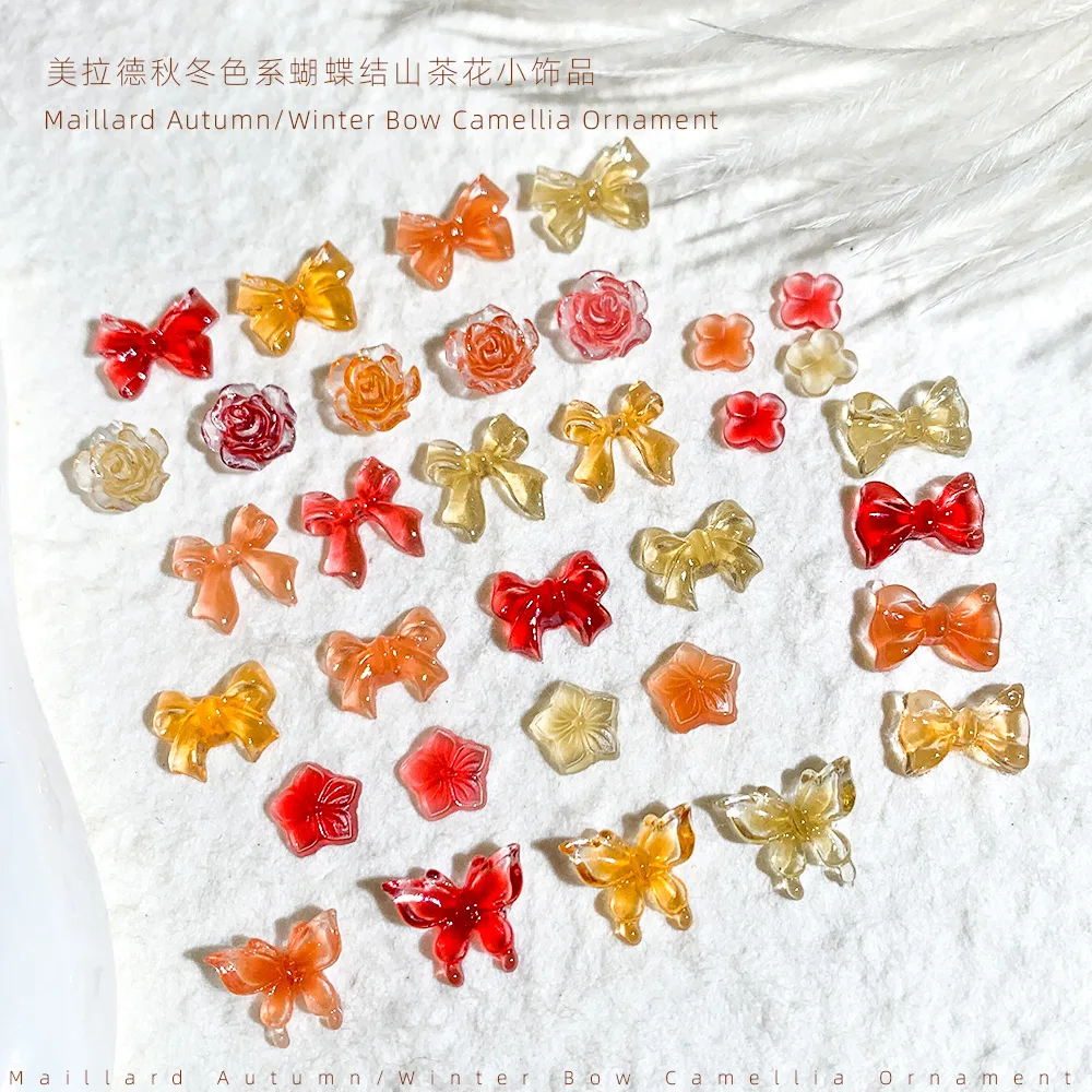 Vintage Autumn Maillard Resin Bow Nail Charms Camellia Flower Butterfly Decoration Mixed Nail Accessories