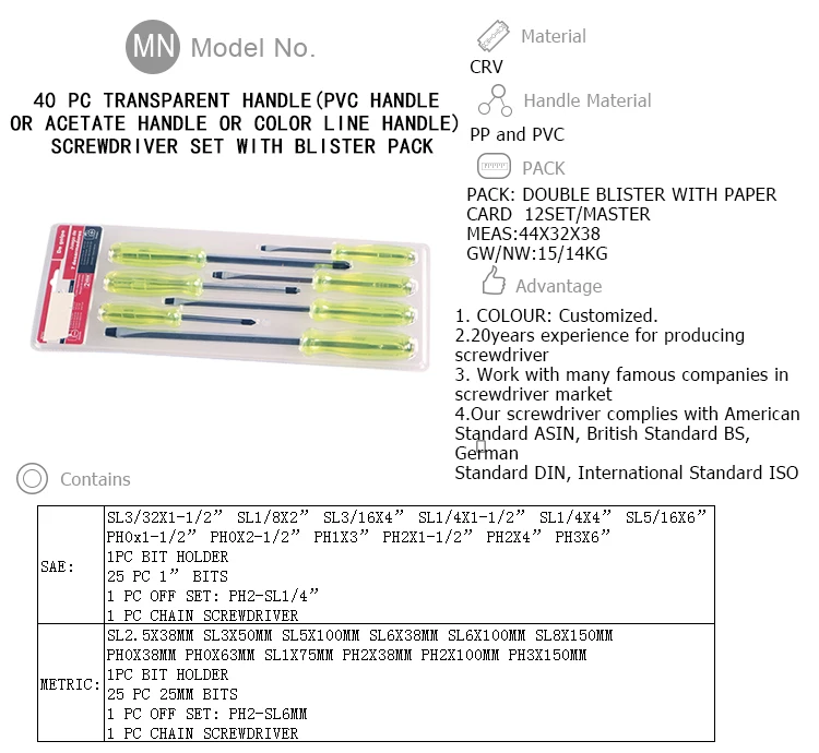 7 PC TRANSPARENT ACETATE HANDLE hammer flat phillips screwdriver impact with blister pack
