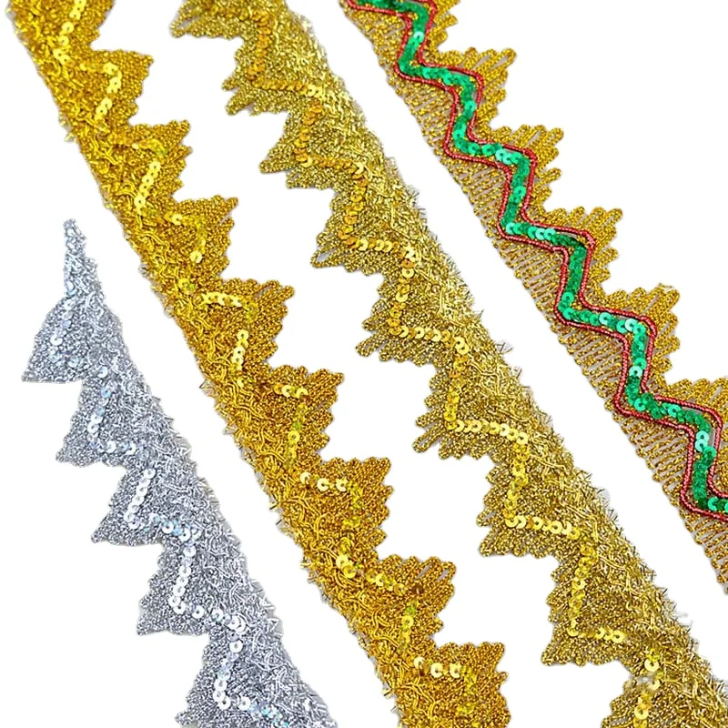 Cheap wholesale diy 4cm wide triangle gold silver crown sequined lace trim braided costume sewing decorative dancewear lace