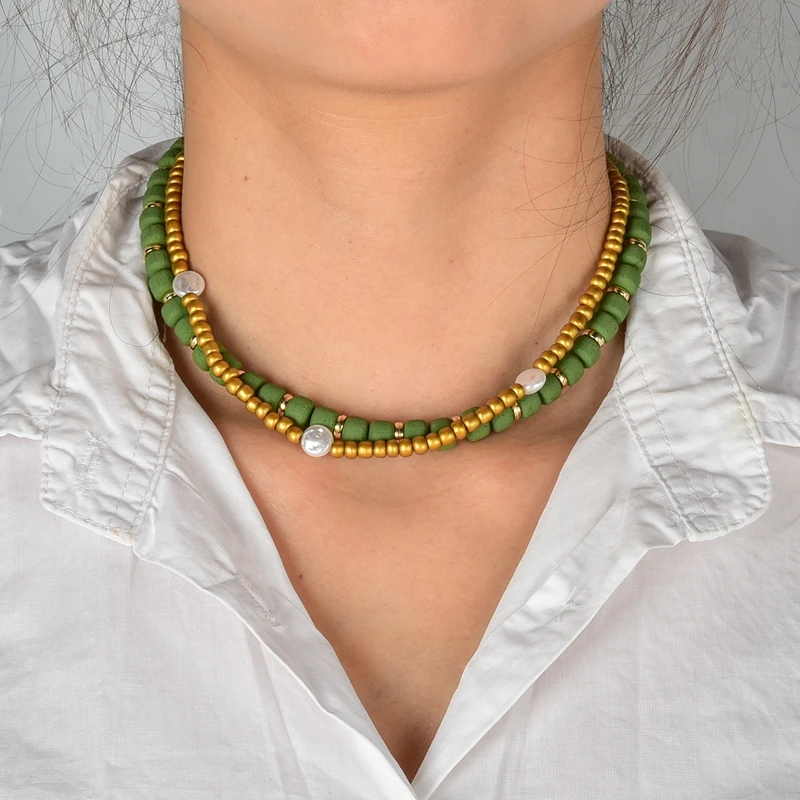 2022 New Design Style Polymer Clay Chokers Gold Glass Rice Double Layer Pendant Necklace For Women