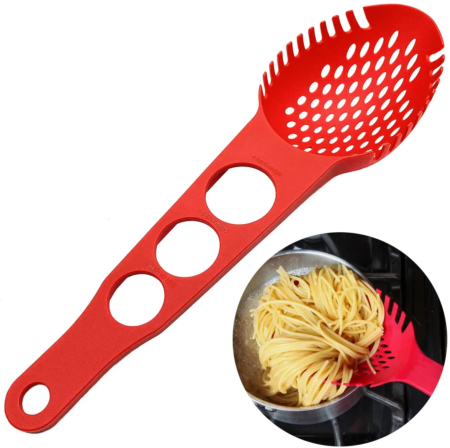 Nylon Spaghetti Server Non-Stick Pasta Fork Slotted Spoon Food Strainer with Spaghetti Measure Tool Strainer Ladle for Kitchen