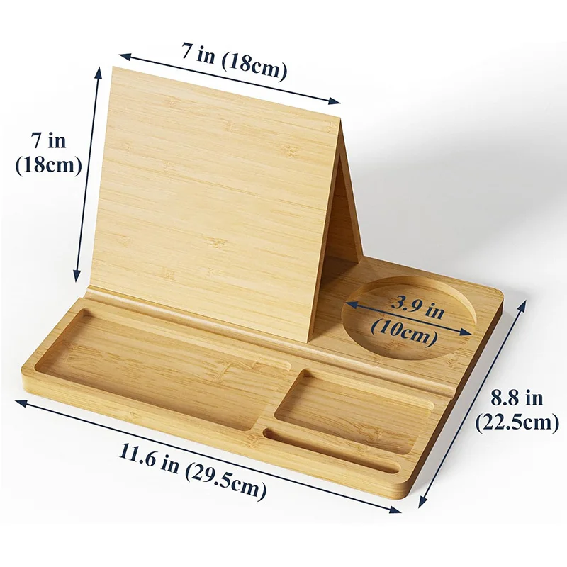 Bamboo Multipurpose Organizer Book Stand Holder with Resting Feature for Glasses and Pens Bookends