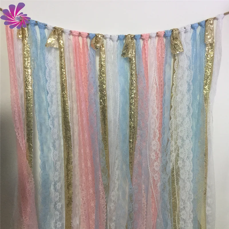 Unicorn Party Decoration Custom Banner Pastel Rustic Curtain Sequin Lace Chiffon Ribbon Wedding Decoration