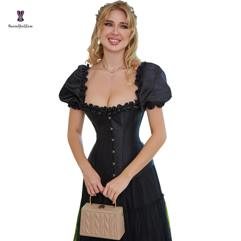 Retro short Sleeve Steampunk Streetwear Satin Lace-up Corset Shirts Sexy Ladies Crop Tops plus size bustier