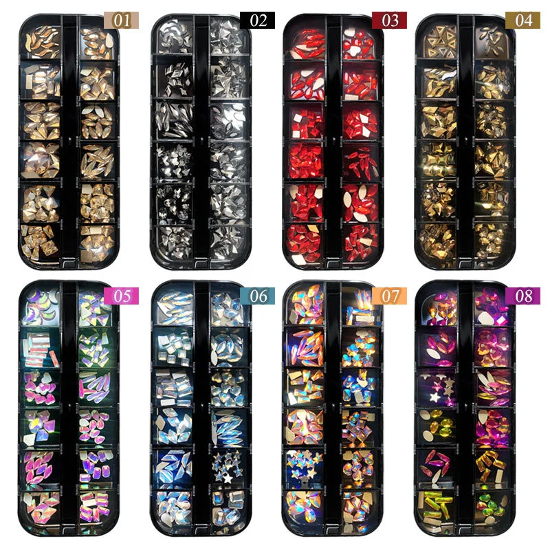 12 Grids Flat-bottom Glass Nail Art Rhinestones Mix AB Colors Diamond 3D DIY Manicure Decorations