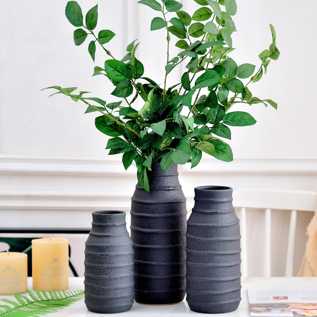 Wholesale simple modern three piece set matte black nordic ceramic vase for home decoration