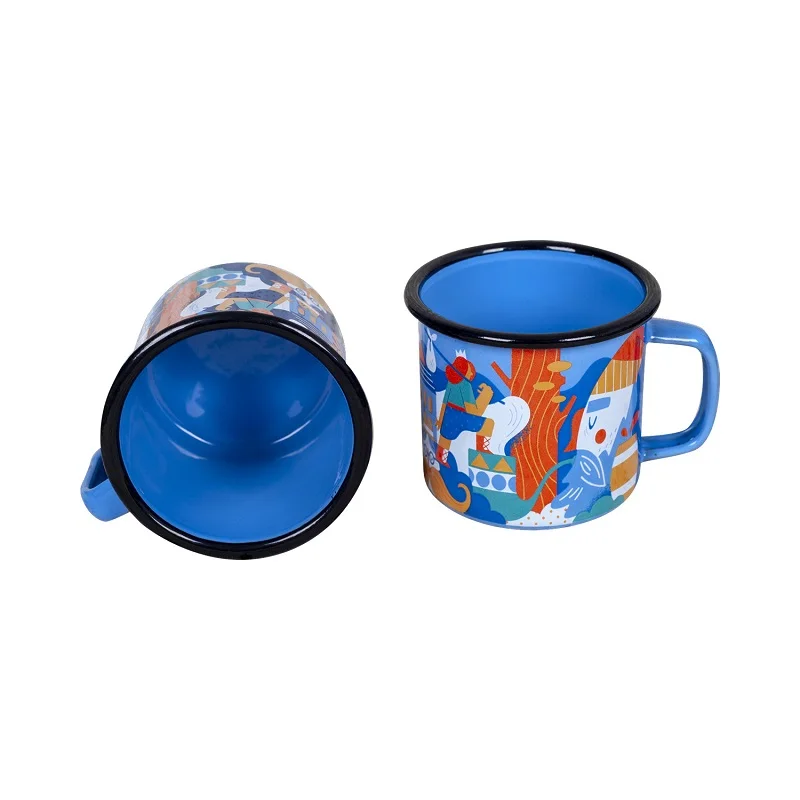 Customized Printing 8cm Enamel Mug Blue Enamel Camping Mug with Full Wrap Printing Custom Printed Enamel Coffee Mug