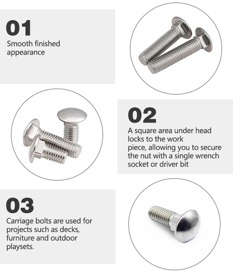 M8 Full Coarse Thread Carriage Bolt DIN603 with Hex Nut DIN934 Stainless Steel Round Head Square Neck Screws Carriage Bolt