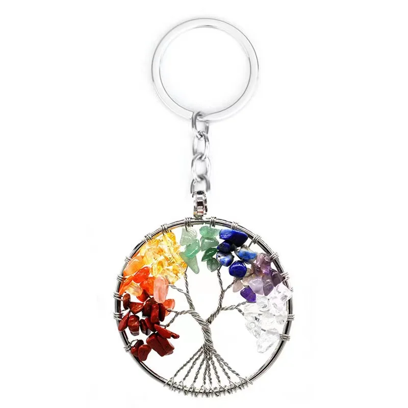 Wholesale Natural stone crystal gemstone crystal craft seven chakras life tree crystals chips keychain for healing gift