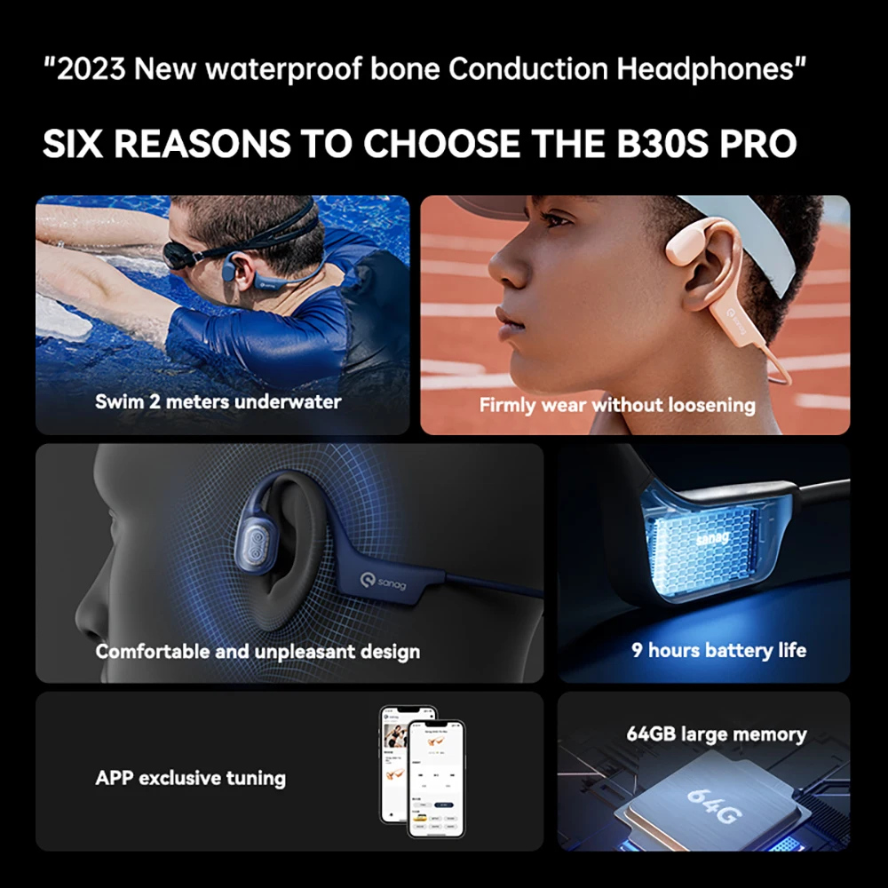 Sanag B30SPro Over-ear Headset Running Built-in 16g/64g MP3 Bone Conduction Headphones IPX8 Waterproof Sweatproof for Sports