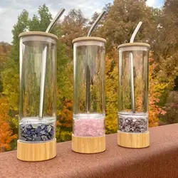 New Style Crystal Water Bottle Quartz Chips Glass Tumbler Cup With Metal Straw