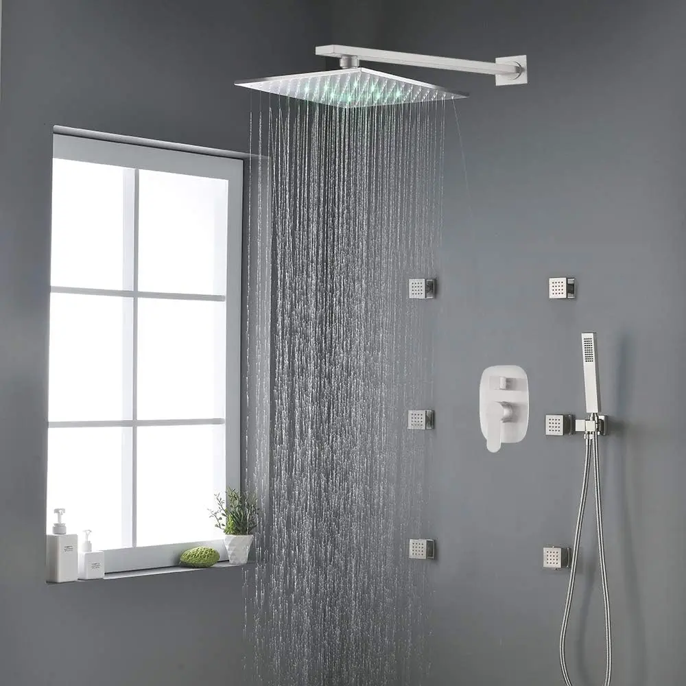 Shower System Brushed Nickel 12 Inch LED Square Rainfall Bathroom Brass Wall Mounted Shower Set