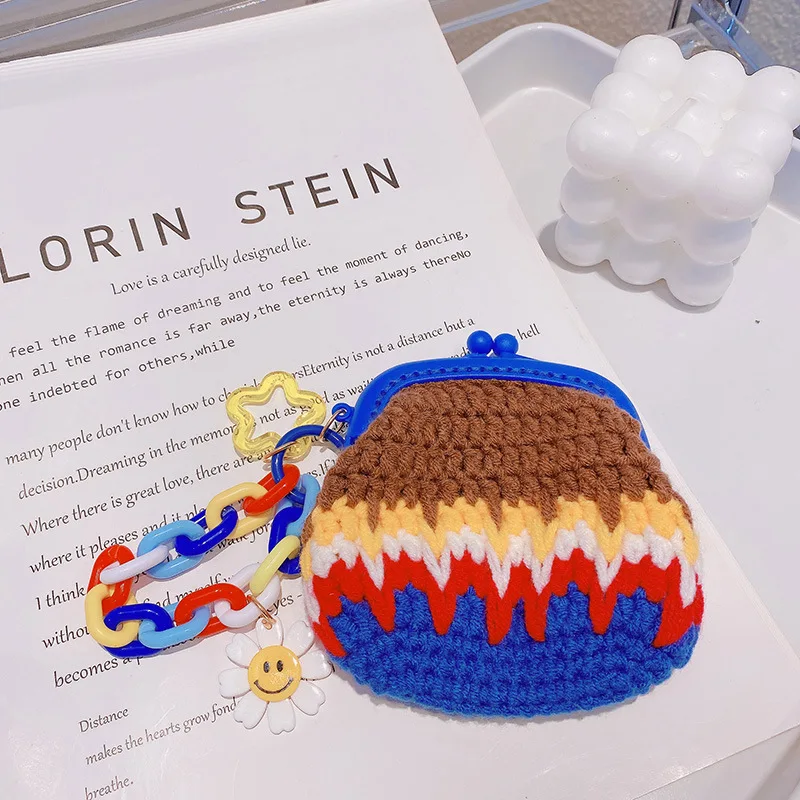 Vintage Women Handmade Crochet Coin Purse Rainbow  Gradient Chain Trendy Star Hook Weaving Knitted Wallet Women Small Handbag