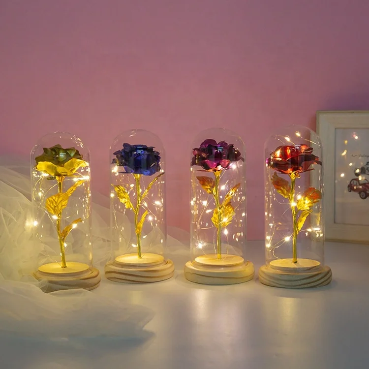 
Gold leaf rose glass cover gift box golden artificial rose flower with led lights 