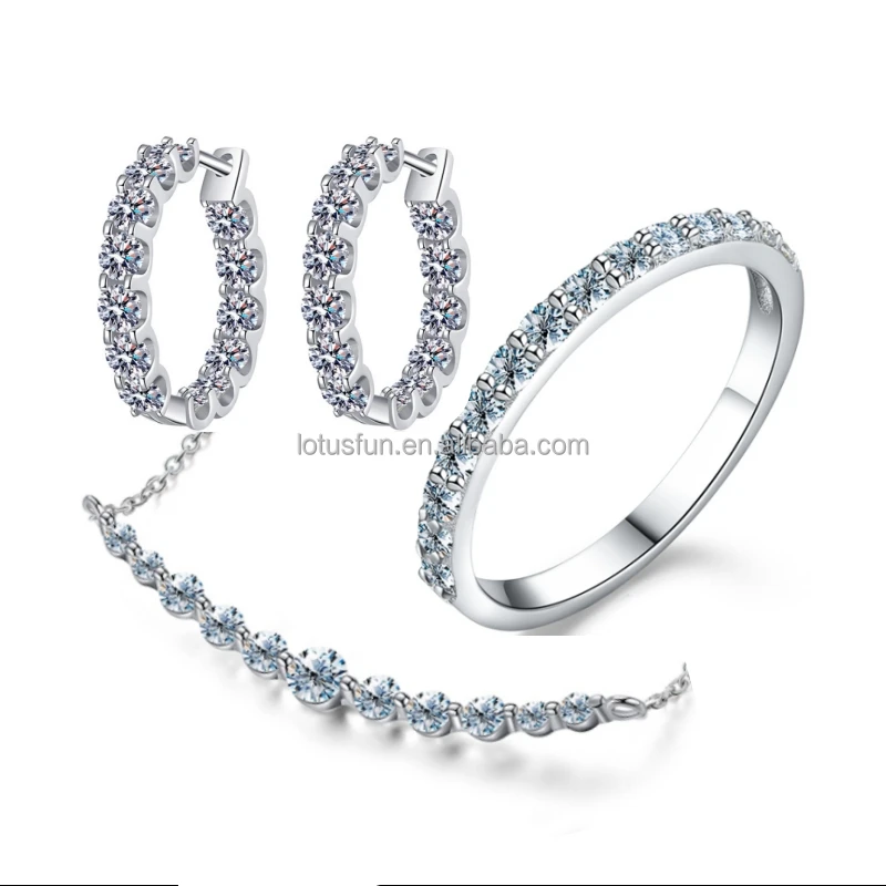 moissanite diamond enterity tennis band ring 925 sterling silver 18k White gold for women engagement gift fine Jewelry Set
