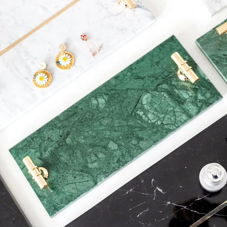 Square Marble Decorative Serving Tray Multifunctional Tray Dryer With Golden Handle