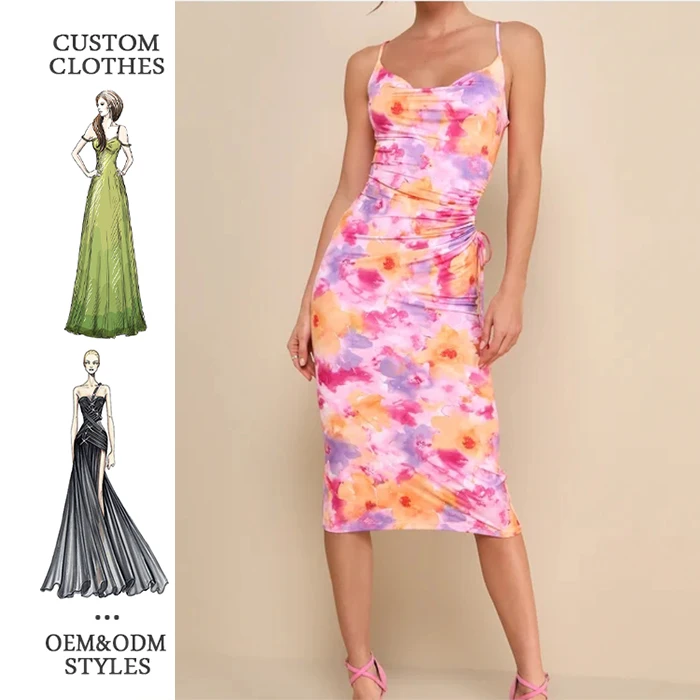 Women Party Dresses Midi Evening Elegant Pink Floral Waist Cutout Drawstring Sleeveless Slim Casual Dresses