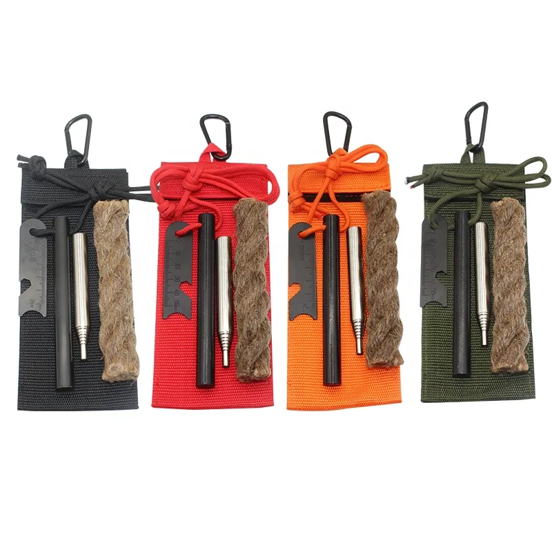 Emergency Fire Starter Kit Tactical Survival Fire Tool Set Paraffin Hemp Tinder with Nylon Hanging Pouch