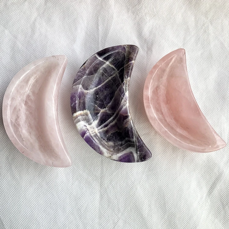 Factory Produce Hand Carved Moon Shaped Natural Pink Rose Quartz Crystal Bowls For Home Decoration