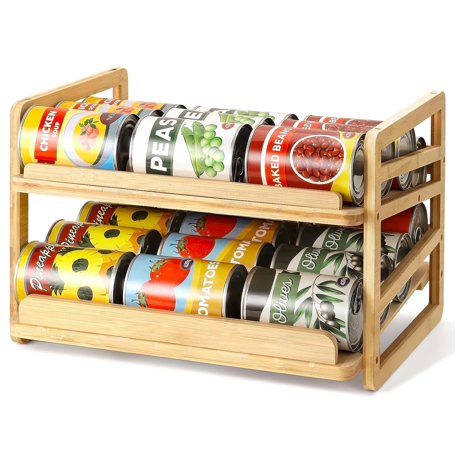 Rolling Bamboo Can Organizer Rack Stackable Double-Layer Can Organizers and Storage For Pantry, Canned Goods Holder Dispenser