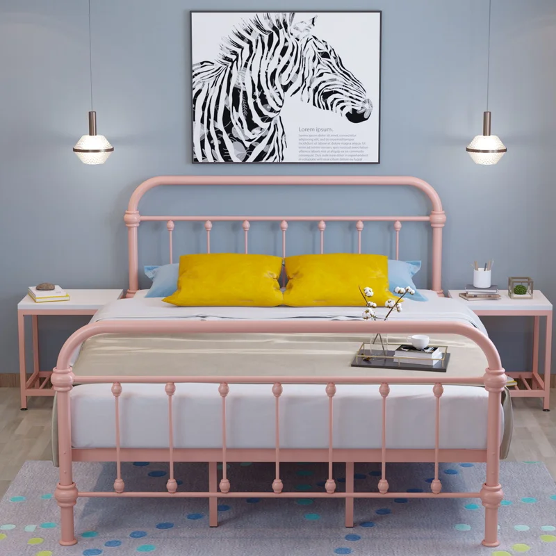 
High quality Home Hotel bedroom furniture modern design pink all iron metal double bed frame 
