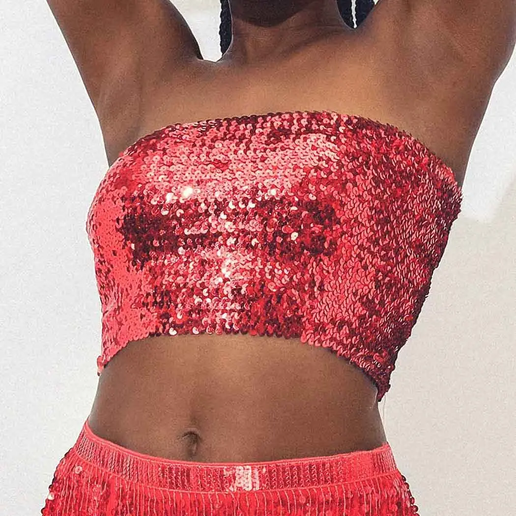 Sequin Tube Top Sparkly Crop Tops Party Strapless Bra Top Stretch Vest Club Wear Costume Outfits for Women and Girls