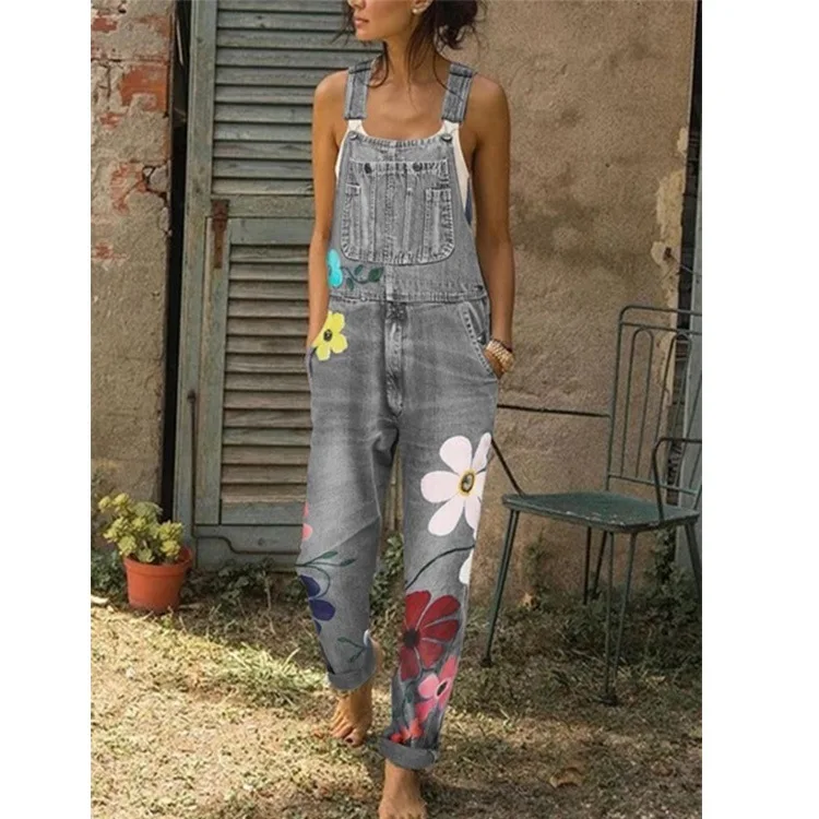 
2020 qzbaoshu Womens Floral Long Jeans Denim PocketS Ready Made Overalls Bib Pants 