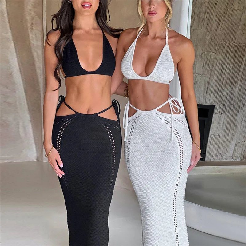 Summer Solid Color Knit Matching Set Skirt Outfit Crochet 2 Piece Sets Women