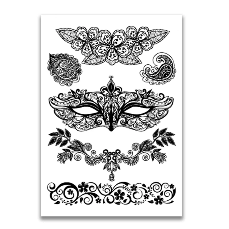 Black Lace Tattoo Sticker Western Wedding Bride Transfer Body Art Waterproof  Temporary Tattoo Sticker Paper Face & Body Tattoos
