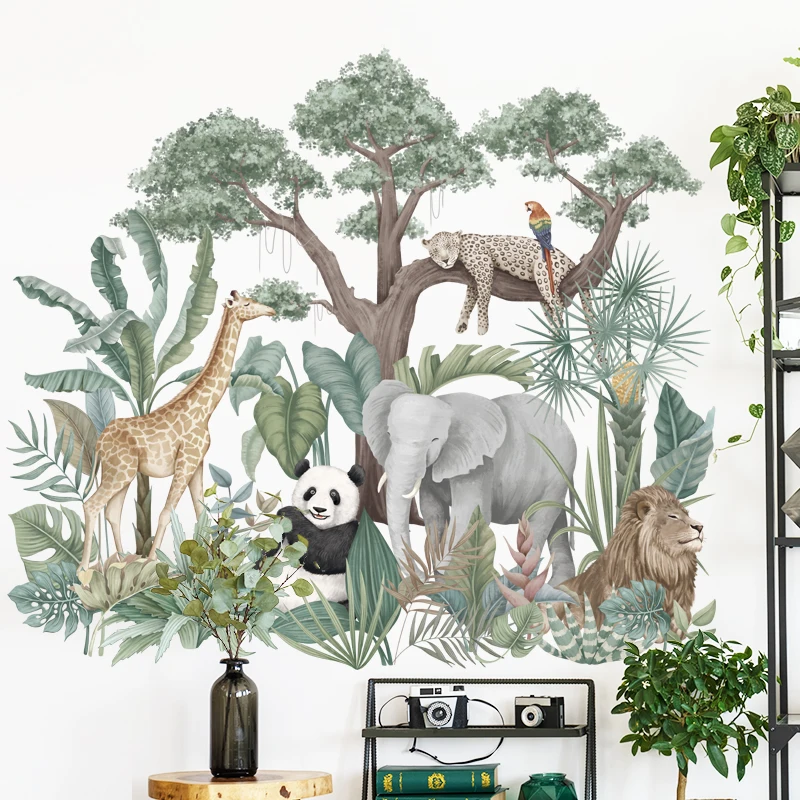 High Quality Jungle Wall Sticker Elephant Lion Panda Murals Living Room Decorative Wallpaper Self Adhesive TV Background Decals