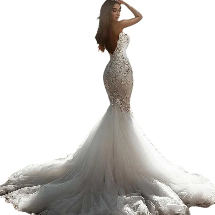Mesh Lace Applique Trumpet White Long Dress For Wedding Bride Backless Dresses Vestido De Novia Sirena Plus Size Fashion Slim