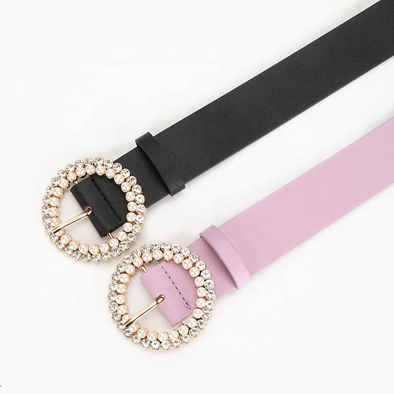 Alloy Diamond Pearls Buckle Belts for Women PU Leather Waist Belts Ladies Waistband for Dress
