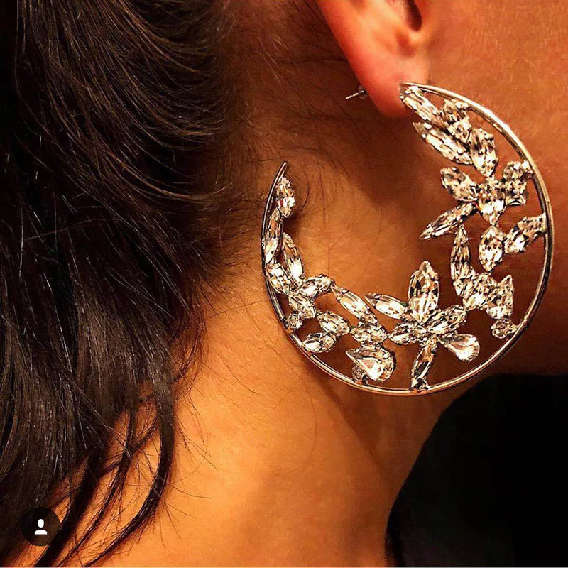 HOVANCI Summer New Micro Paved Diamond Crystal Big C Shape Hoop Earrings Simple Open Hollow Out Crystal Floral Circle Earrings