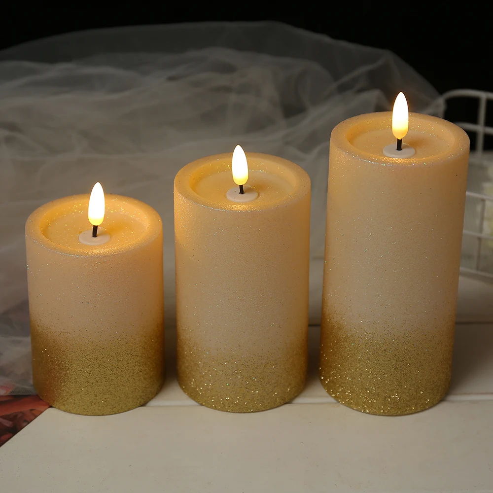 New Arrival  3D Real Plastic Gold Dust Design Led Flameless Candle Lights For Home Garden Wedding Favors