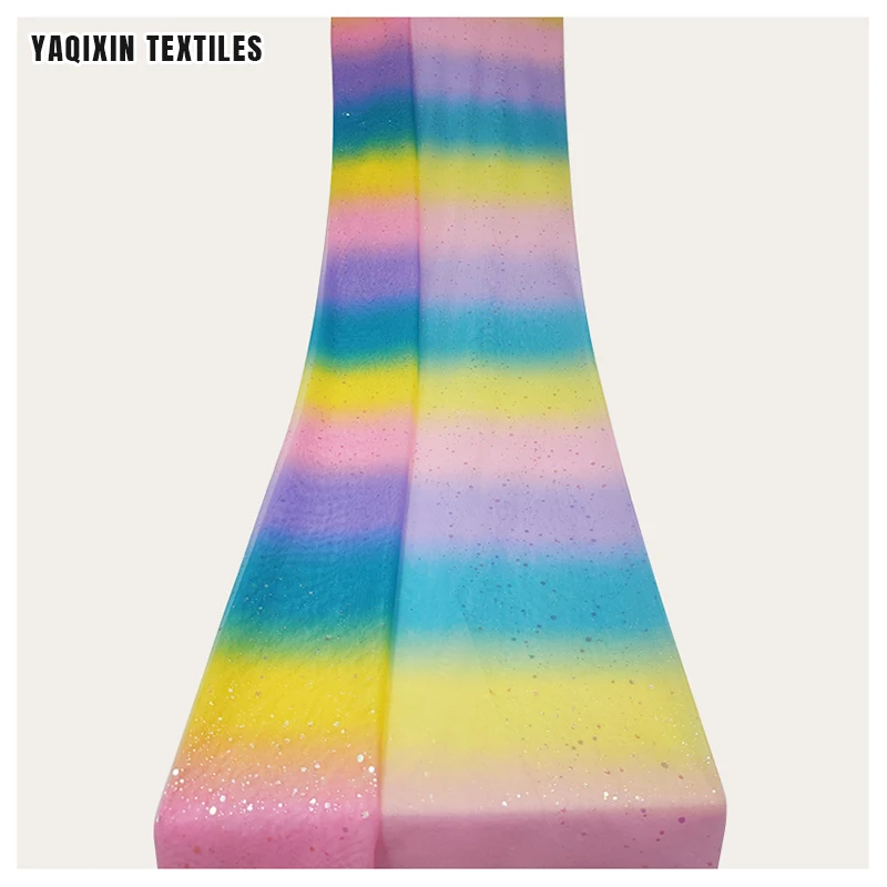 YY221125# High Quality Soft 100 Polyester Shiny Dot Tricot Knit Mesh Tulle Fabric with Print Rainbow Design