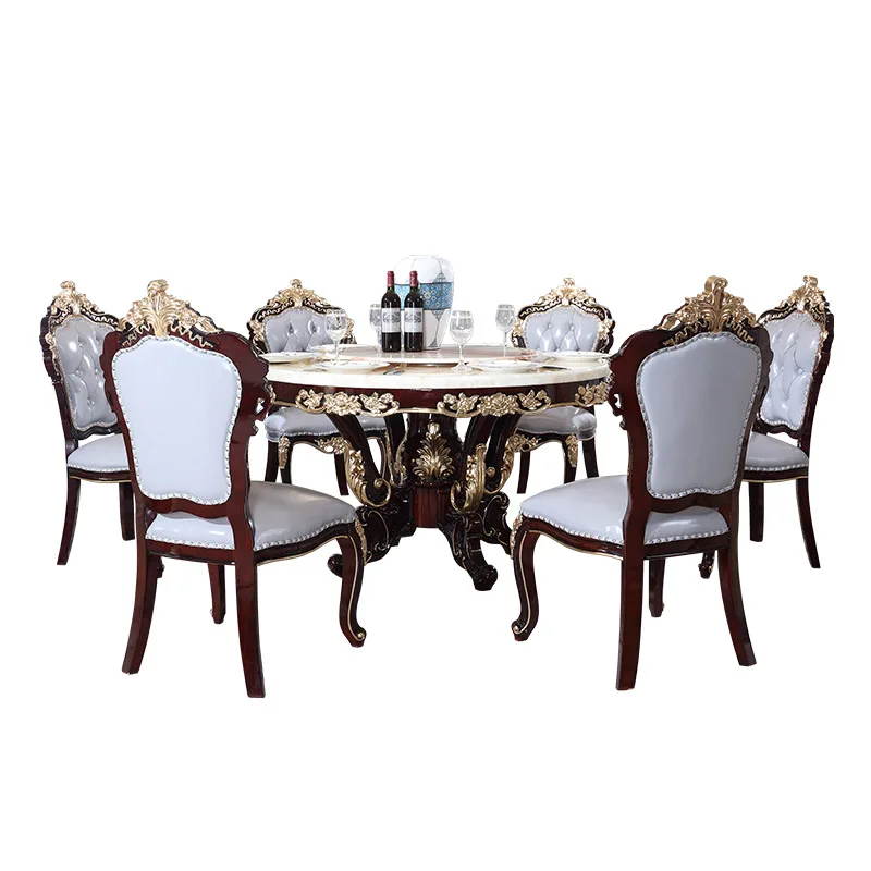 luxury antique European style round white marble top dining table set 6 chairs dining table set