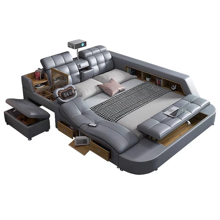 Smart massage bed luxury master bedroom multifunctional modern minimalist projector new style leather bed