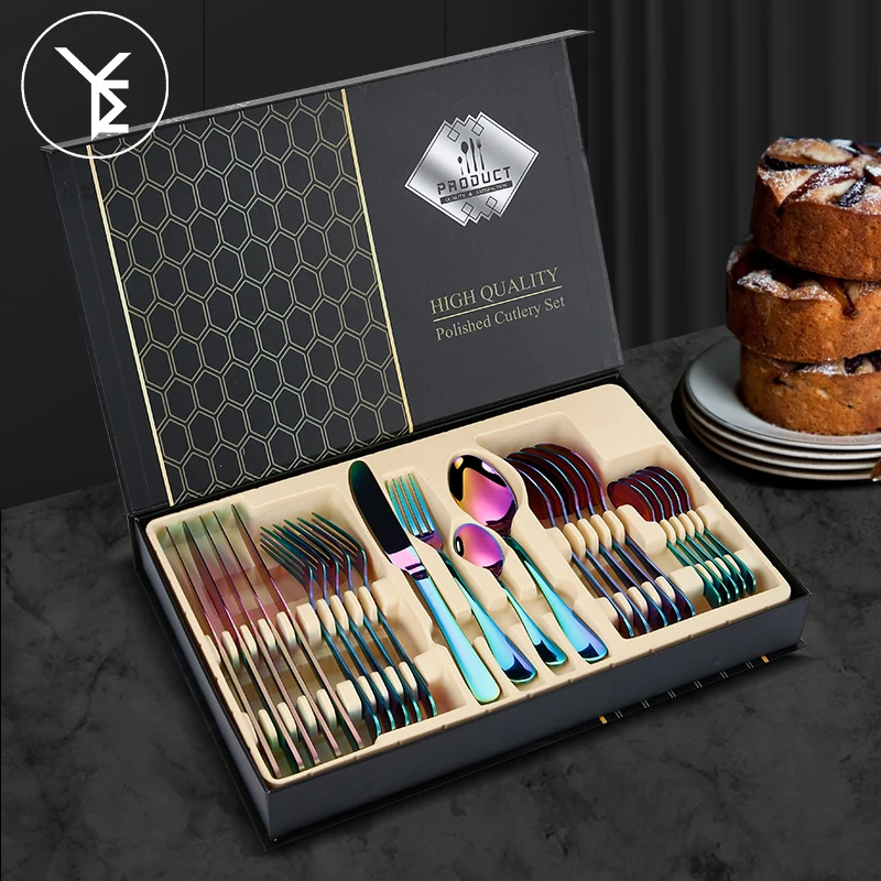 
2020 New Best-Selling Stainless Steel 24 Piece Cutlery Promotion Gift Set Metal 18/0 Knife Fork Spoon Tableware Set 