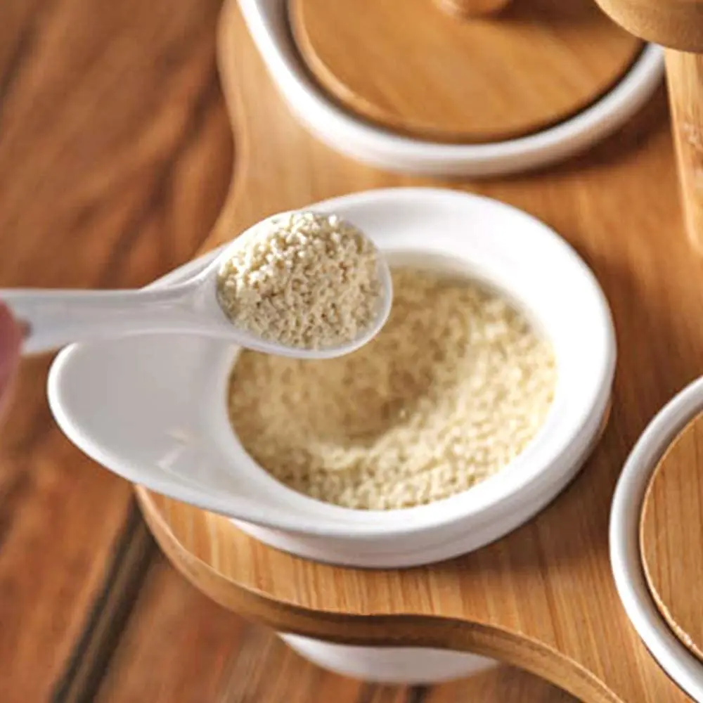 Ceramic Condiment Jars Set with Spoons & Bamboo Lids Spice Pots Containers with Rotatable Wooden Serving Rack