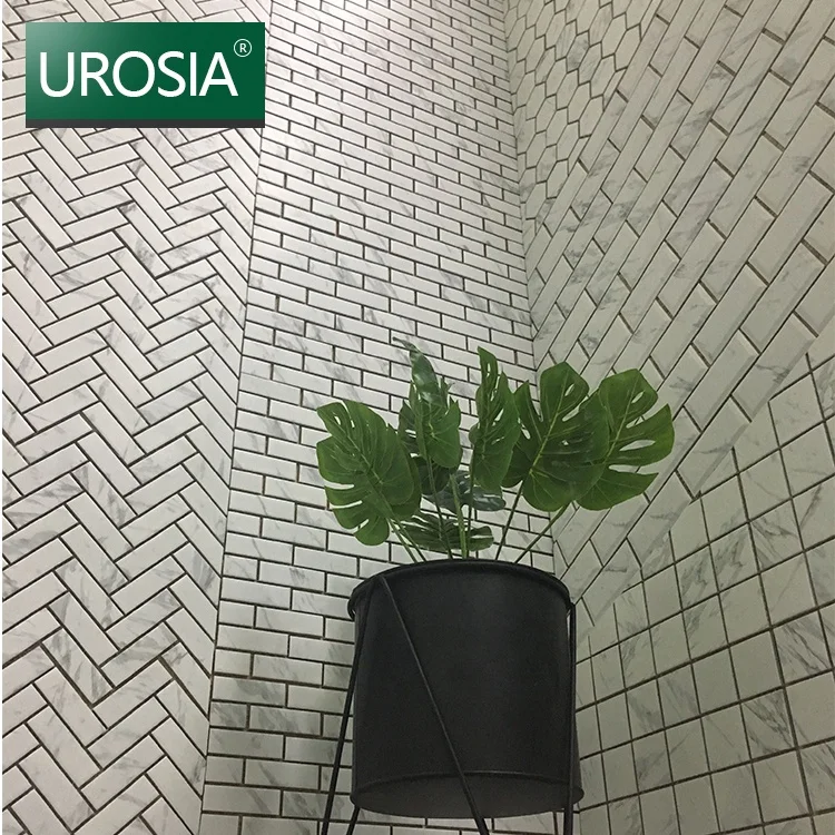 Carrara White Herringbone Travertine Foshan Mosaic On Mesh For Sale Mini-herringbone White Mosaic Tile For Wall