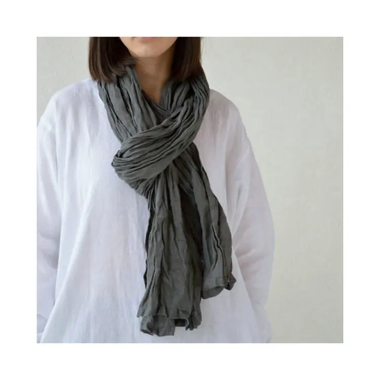 Оптовая продажа, модные льняные шарфы, чистый однотонный смытый плиссированный льняной шарф, шаль