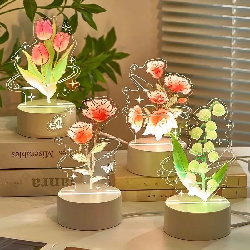 Top Seller 3D Acrylic Rose Tulip Lily of Valley Flower Decorative Table Night Light For Christmas Wedding Holiday Party Gift