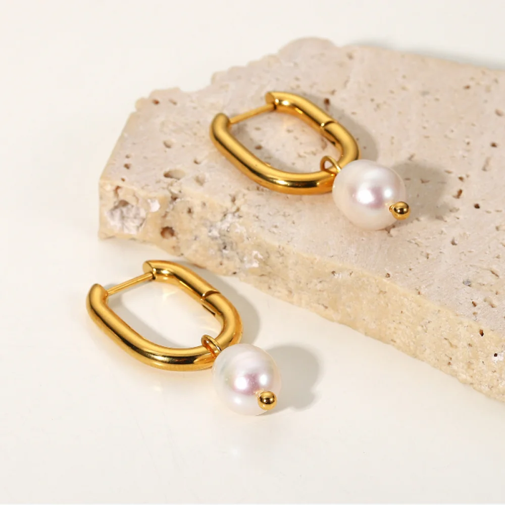 Fashion Boho Freshwater Pearl Drop Earrings Wedding Jewelry Stainless Steel 18K Gold White Pearl Hoop Earring