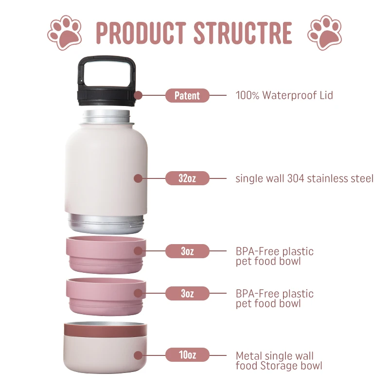 4 in 1 people pet dog water bottle 32oz water bottle stainless steel vacuum insulated drink bottle with food container