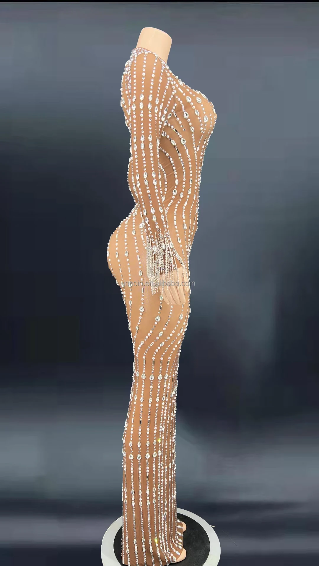 INNOIN Shining Rhinestone Tassel Dance Costume Sexy Women Elastic Mesh Net Perspective Crystal Dress Singer Dancer Stage Wear O