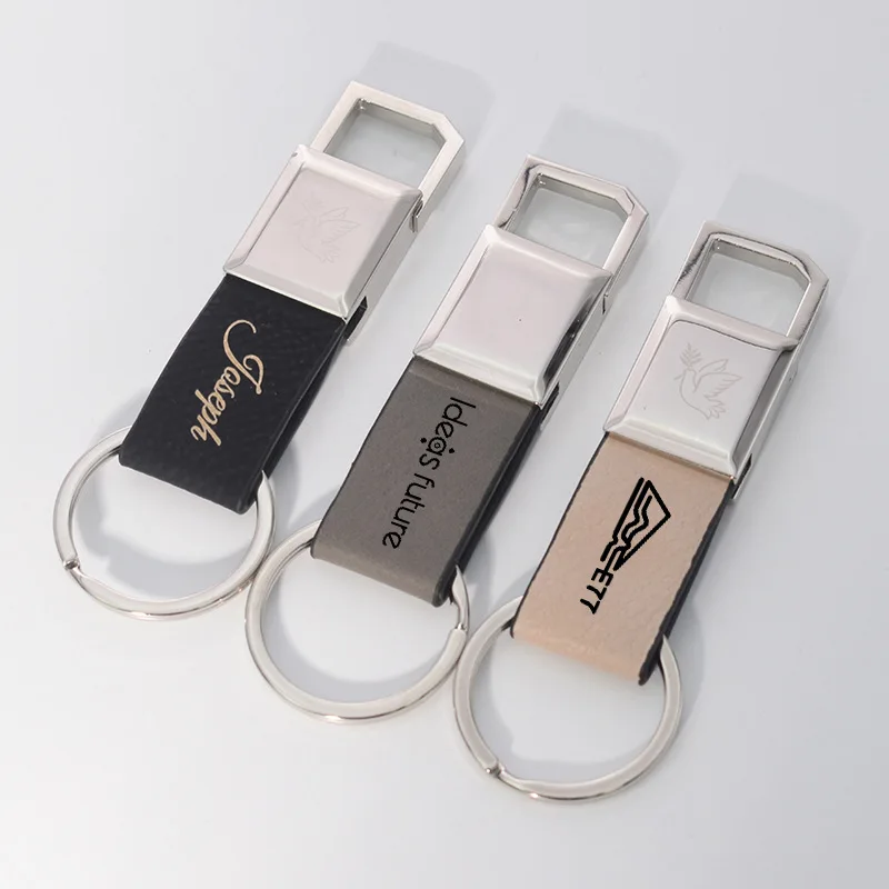 Wholesale high quality metal zinc alloy keyring engrave laser logo souvenir genuine leather strip keychain